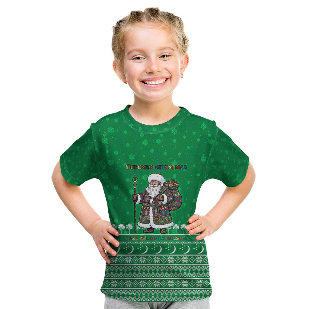 Turkmenistan Christmas Kid T Shirt with Traditional Santa Snowflake Crescent Moon and National Emblem - Wonder Print Shop
