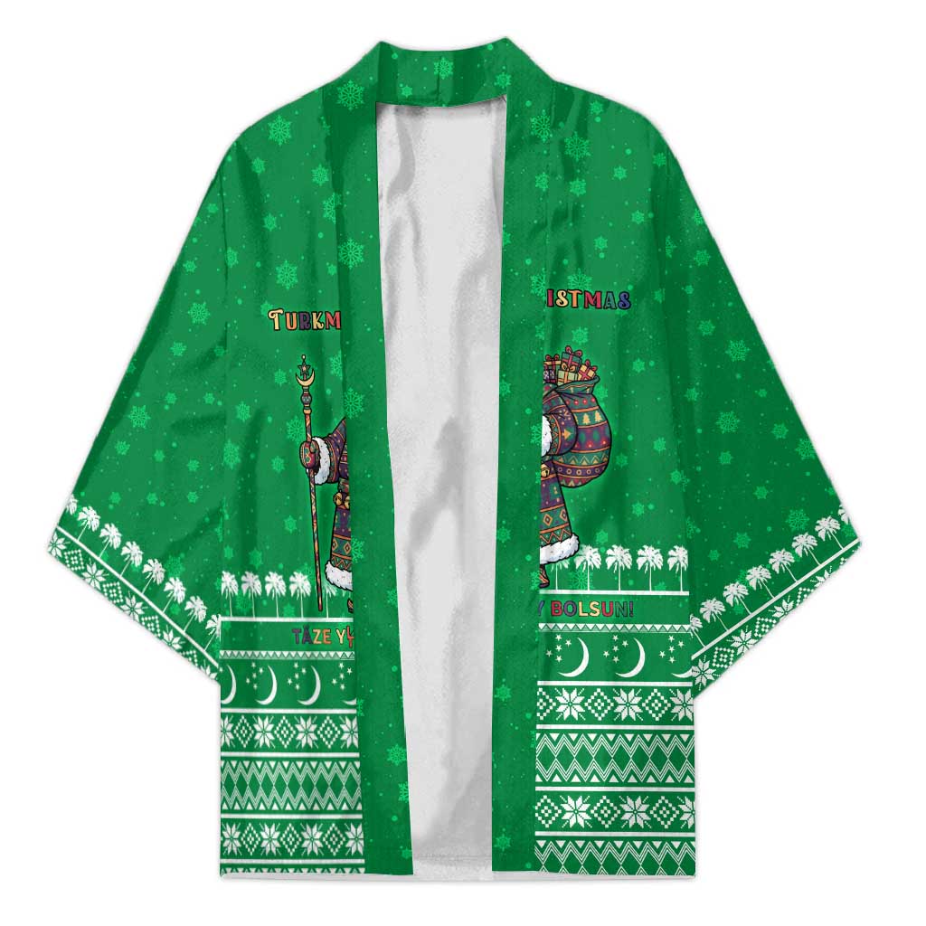 Turkmenistan Christmas Kimono with Traditional Santa Snowflake Crescent Moon and National Emblem - Wonder Print Shop