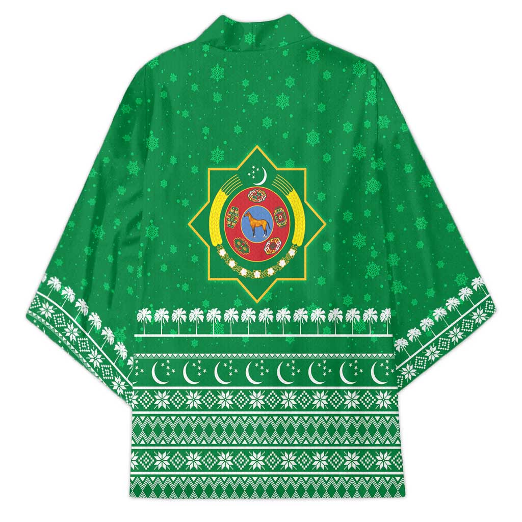 Turkmenistan Christmas Kimono with Traditional Santa Snowflake Crescent Moon and National Emblem - Wonder Print Shop