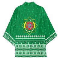 Turkmenistan Christmas Kimono with Traditional Santa Snowflake Crescent Moon and National Emblem - Wonder Print Shop
