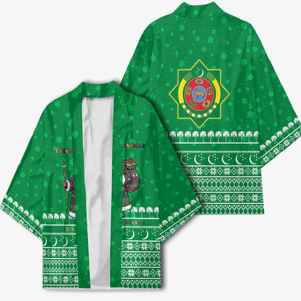 Turkmenistan Christmas Kimono with Traditional Santa Snowflake Crescent Moon and National Emblem - Wonder Print Shop