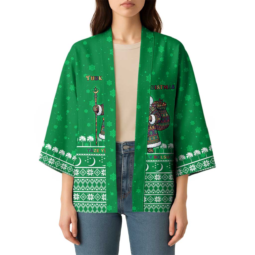 Turkmenistan Christmas Kimono with Traditional Santa Snowflake Crescent Moon and National Emblem - Wonder Print Shop