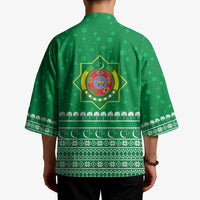 Turkmenistan Christmas Kimono with Traditional Santa Snowflake Crescent Moon and National Emblem - Wonder Print Shop