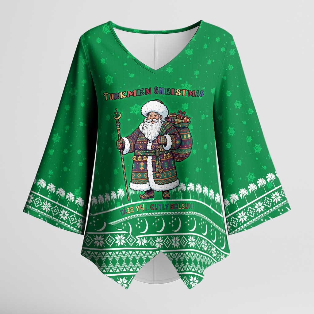 Turkmenistan Christmas Kimono Sleeve Blouse with Traditional Santa Snowflake Crescent Moon and National Emblem - Wonder Print Shop