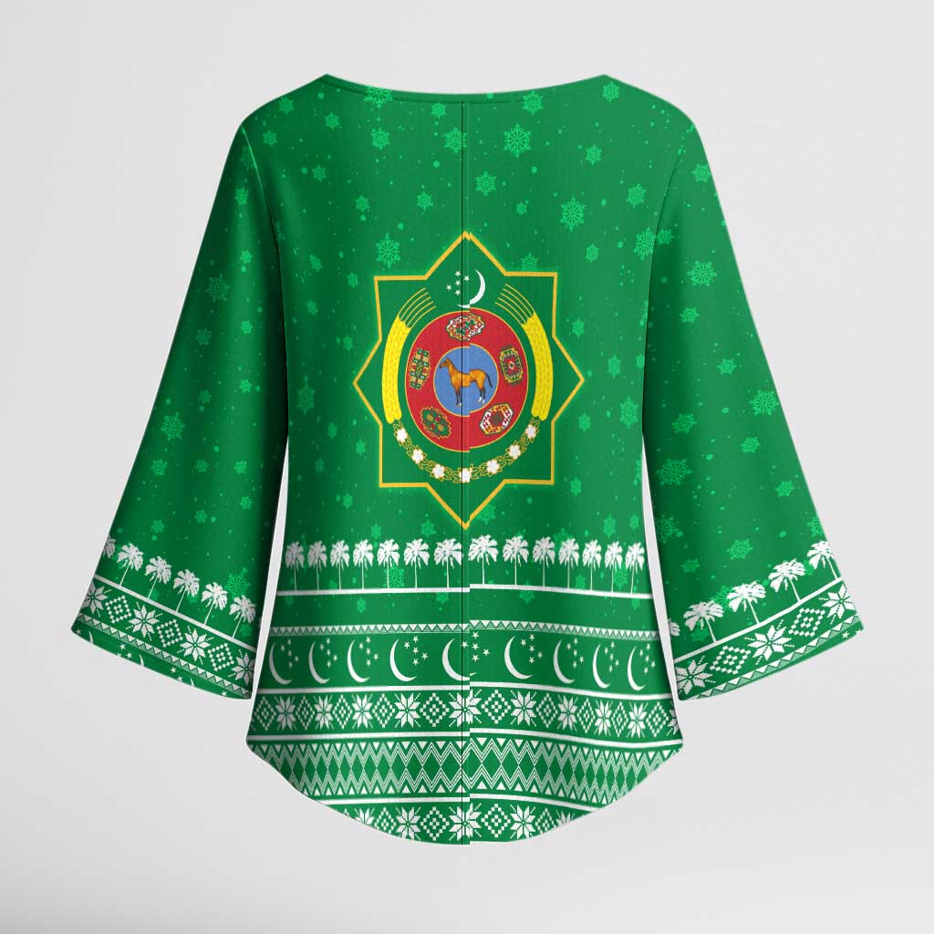 Turkmenistan Christmas Kimono Sleeve Blouse with Traditional Santa Snowflake Crescent Moon and National Emblem - Wonder Print Shop