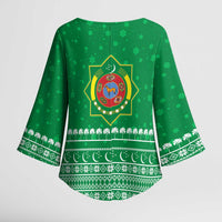Turkmenistan Christmas Kimono Sleeve Blouse with Traditional Santa Snowflake Crescent Moon and National Emblem - Wonder Print Shop