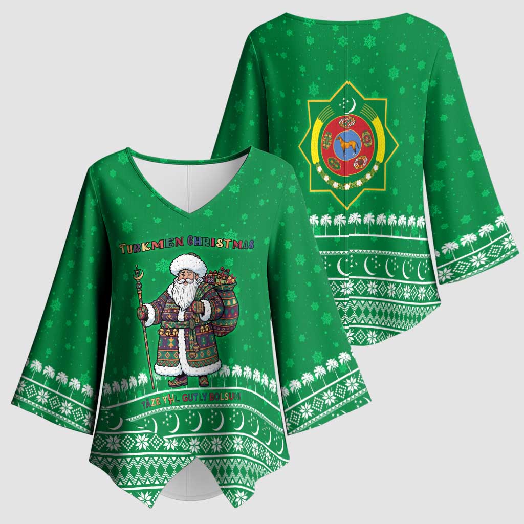 Turkmenistan Christmas Kimono Sleeve Blouse with Traditional Santa Snowflake Crescent Moon and National Emblem - Wonder Print Shop