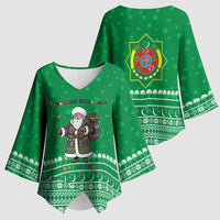 Turkmenistan Christmas Kimono Sleeve Blouse with Traditional Santa Snowflake Crescent Moon and National Emblem - Wonder Print Shop