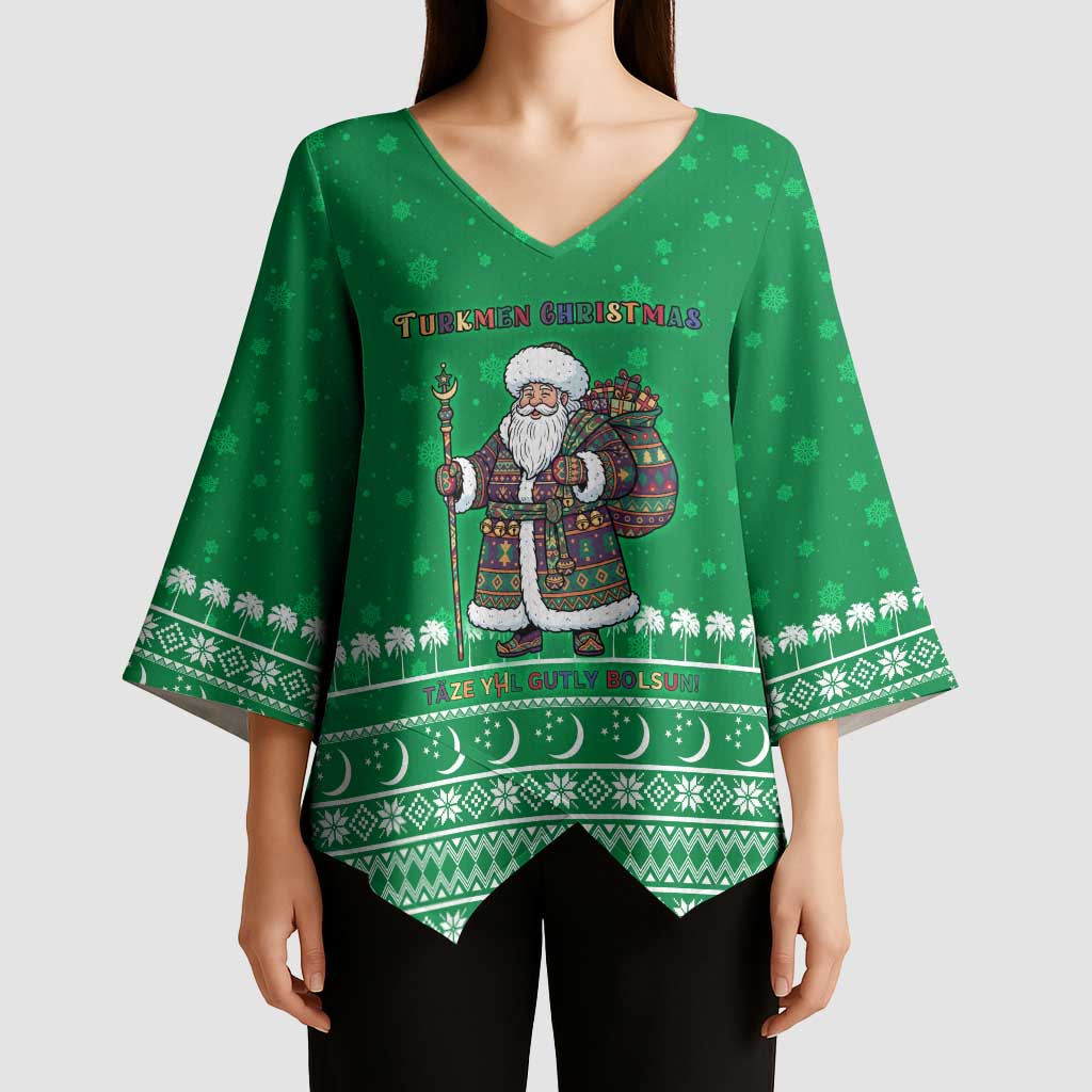 Turkmenistan Christmas Kimono Sleeve Blouse with Traditional Santa Snowflake Crescent Moon and National Emblem - Wonder Print Shop