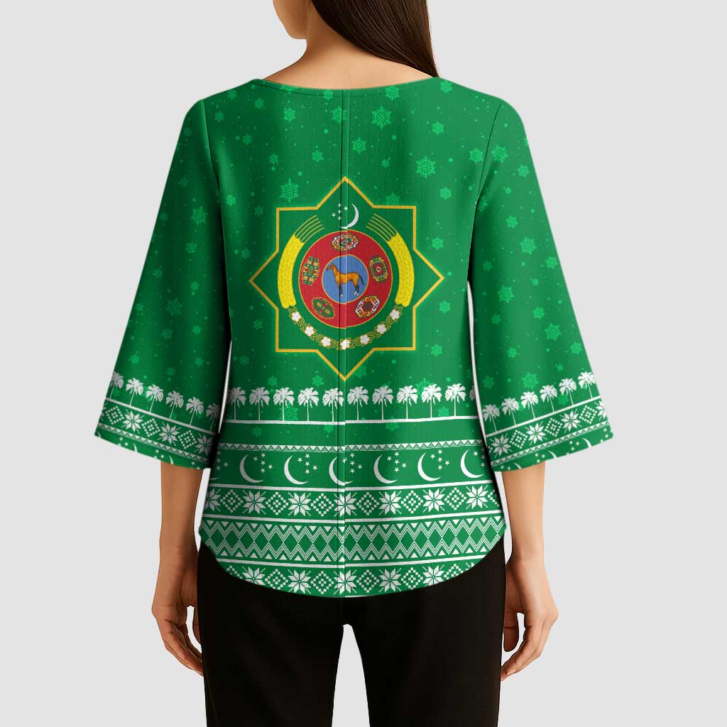 Turkmenistan Christmas Kimono Sleeve Blouse with Traditional Santa Snowflake Crescent Moon and National Emblem - Wonder Print Shop
