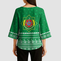 Turkmenistan Christmas Kimono Sleeve Blouse with Traditional Santa Snowflake Crescent Moon and National Emblem - Wonder Print Shop
