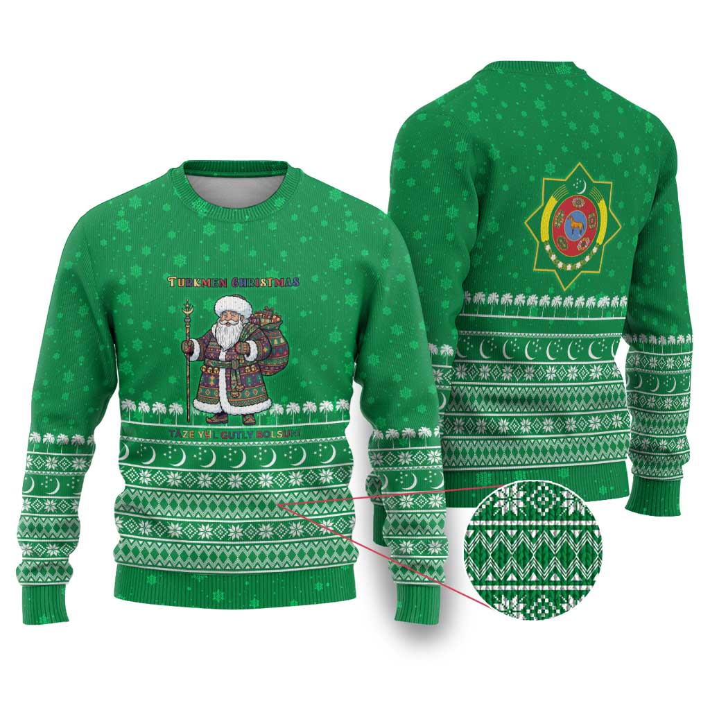 Turkmenistan Christmas Ugly Christmas Sweater with Traditional Santa Snowflake Crescent Moon and National Emblem - Wonder Print Shop
