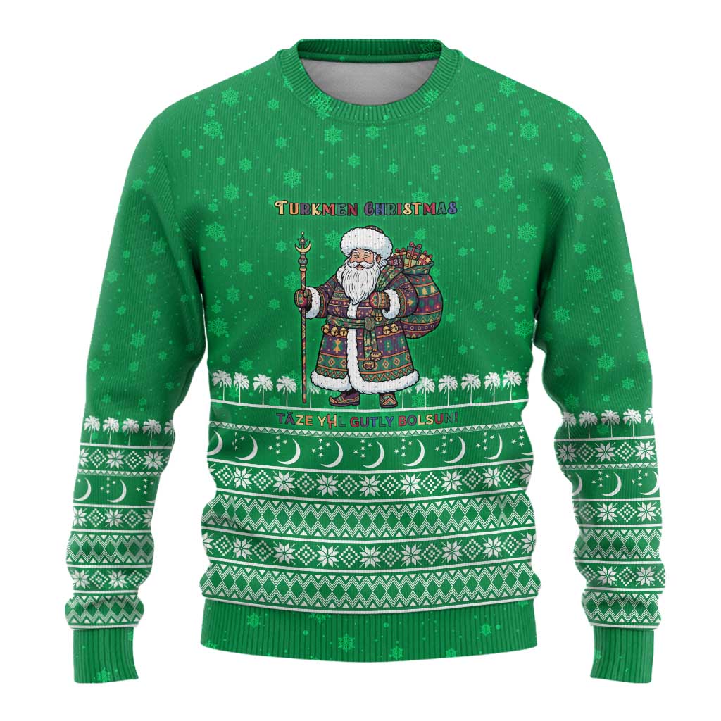 Turkmenistan Christmas Ugly Christmas Sweater with Traditional Santa Snowflake Crescent Moon and National Emblem - Wonder Print Shop