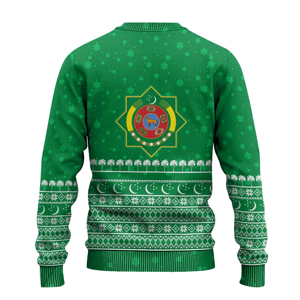 Turkmenistan Christmas Ugly Christmas Sweater with Traditional Santa Snowflake Crescent Moon and National Emblem - Wonder Print Shop