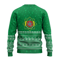 Turkmenistan Christmas Ugly Christmas Sweater with Traditional Santa Snowflake Crescent Moon and National Emblem - Wonder Print Shop