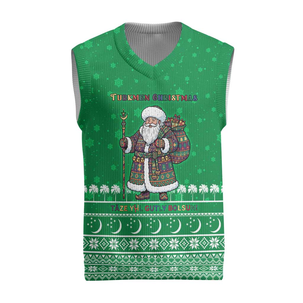 Turkmenistan Christmas Knitted V-Neck Vest with Traditional Santa Snowflake Crescent Moon and National Emblem - Wonder Print Shop