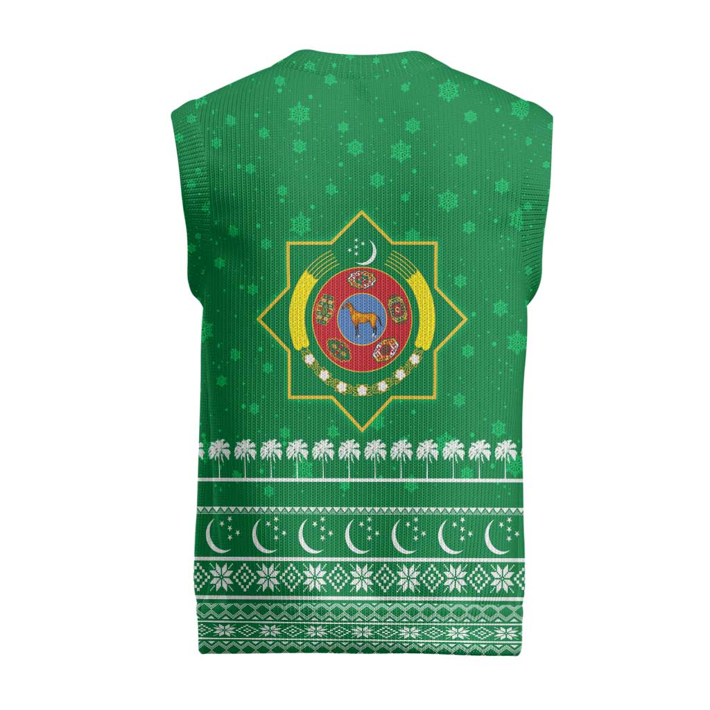 Turkmenistan Christmas Knitted V-Neck Vest with Traditional Santa Snowflake Crescent Moon and National Emblem - Wonder Print Shop