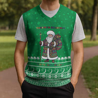 Turkmenistan Christmas Knitted V-Neck Vest with Traditional Santa Snowflake Crescent Moon and National Emblem - Wonder Print Shop