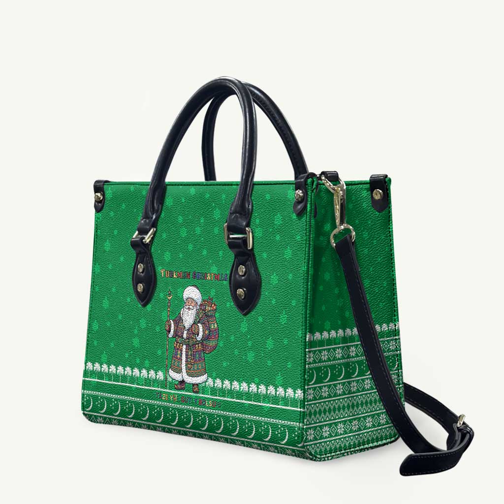 Turkmenistan Christmas Leather Bag with Traditional Santa Snowflake Crescent Moon and National Emblem - Wonder Print Shop