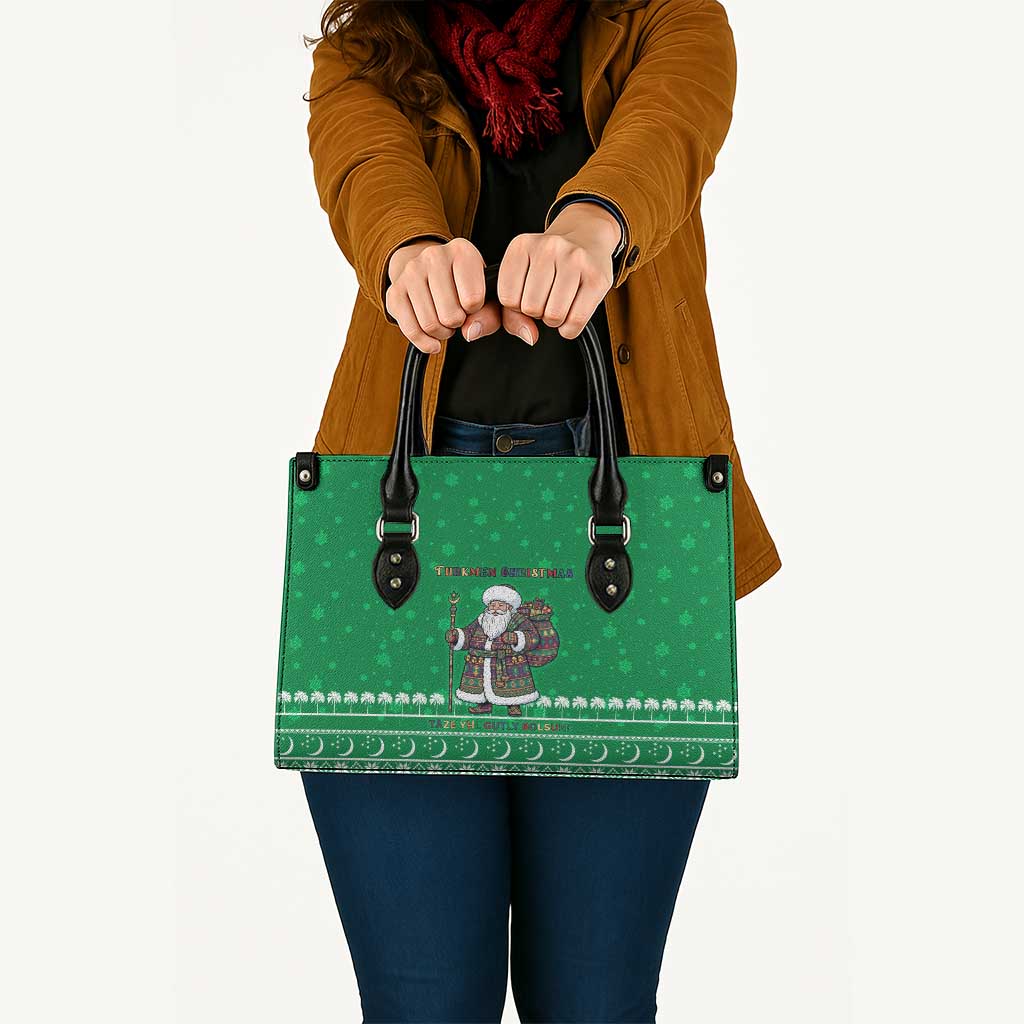 Turkmenistan Christmas Leather Bag with Traditional Santa Snowflake Crescent Moon and National Emblem - Wonder Print Shop