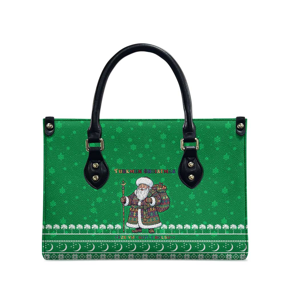 Turkmenistan Christmas Leather Bag with Traditional Santa Snowflake Crescent Moon and National Emblem - Wonder Print Shop