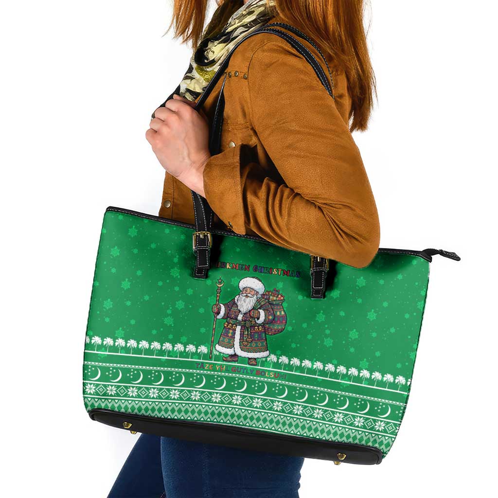 Turkmenistan Christmas Leather Tote Bag with Traditional Santa Snowflake Crescent Moon and National Emblem - Wonder Print Shop
