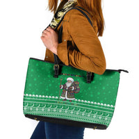 Turkmenistan Christmas Leather Tote Bag with Traditional Santa Snowflake Crescent Moon and National Emblem - Wonder Print Shop