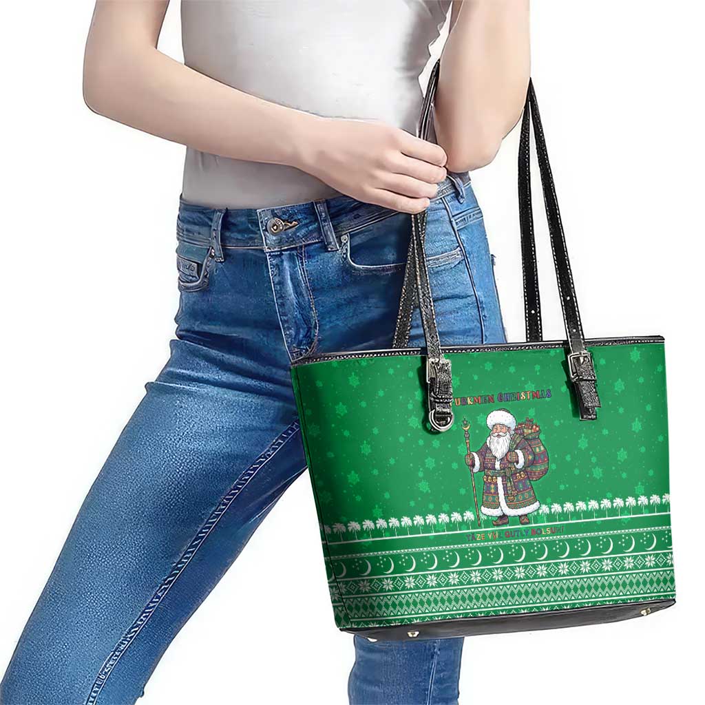 Turkmenistan Christmas Leather Tote Bag with Traditional Santa Snowflake Crescent Moon and National Emblem - Wonder Print Shop