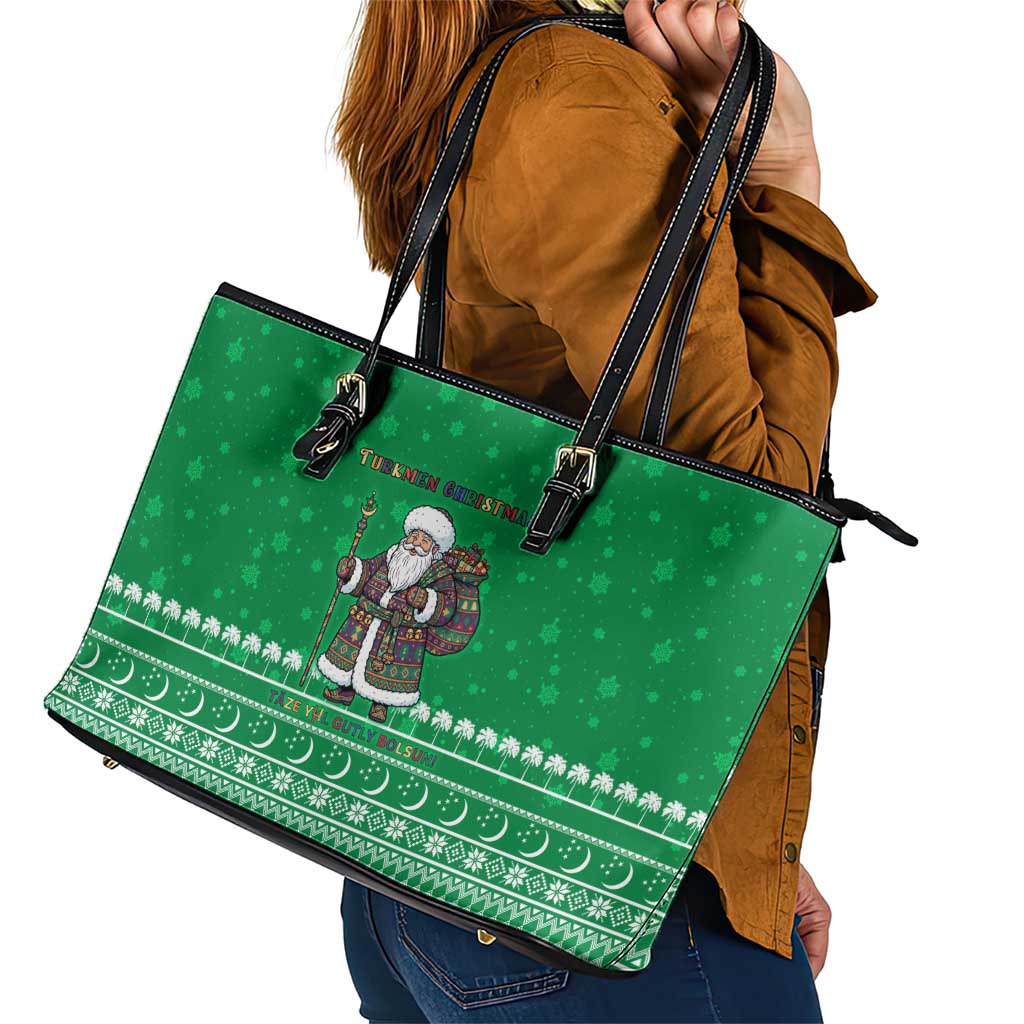 Turkmenistan Christmas Leather Tote Bag with Traditional Santa Snowflake Crescent Moon and National Emblem - Wonder Print Shop