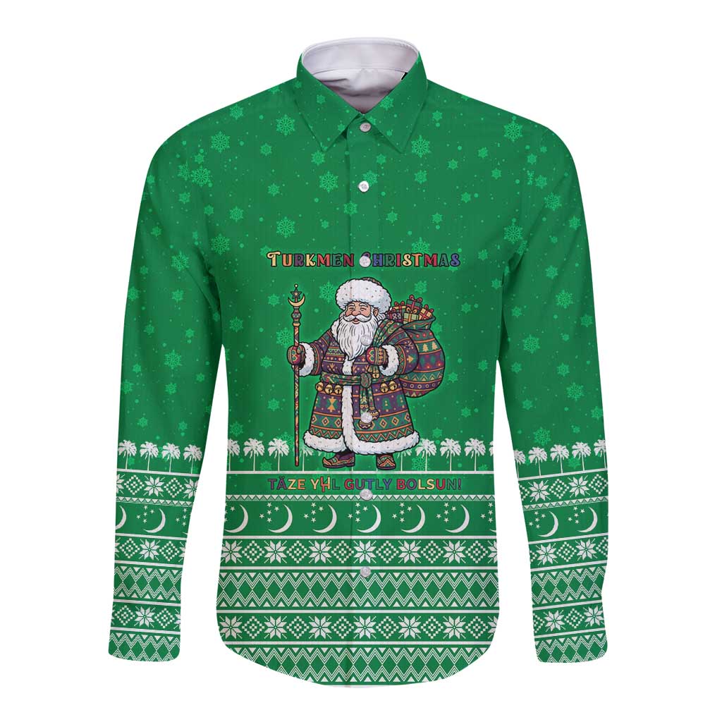 Turkmenistan Christmas Long Sleeve Button Shirt with Traditional Santa Snowflake Crescent Moon and National Emblem - Wonder Print Shop