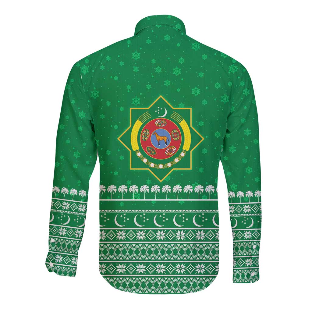 Turkmenistan Christmas Long Sleeve Button Shirt with Traditional Santa Snowflake Crescent Moon and National Emblem - Wonder Print Shop
