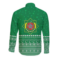 Turkmenistan Christmas Long Sleeve Button Shirt with Traditional Santa Snowflake Crescent Moon and National Emblem - Wonder Print Shop