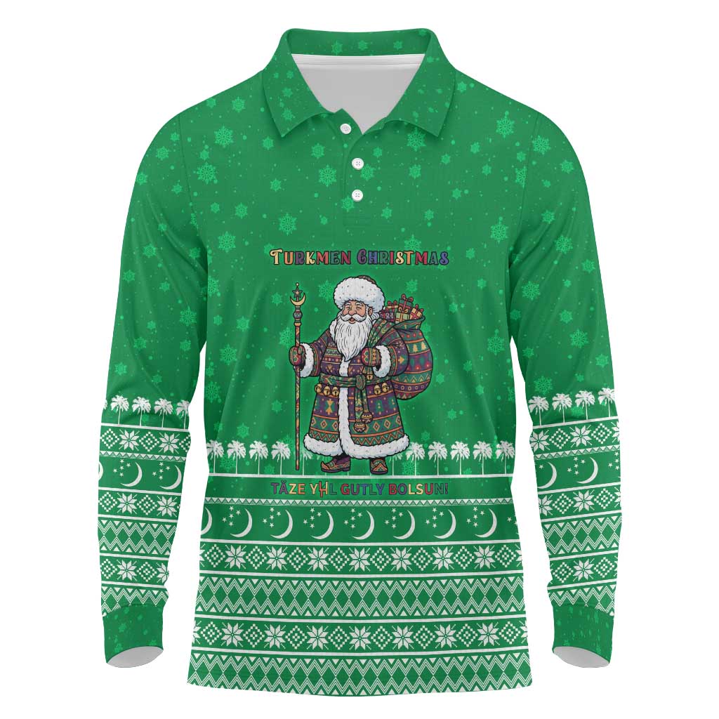 Turkmenistan Christmas Long Sleeve Polo Shirt with Traditional Santa Snowflake Crescent Moon and National Emblem - Wonder Print Shop