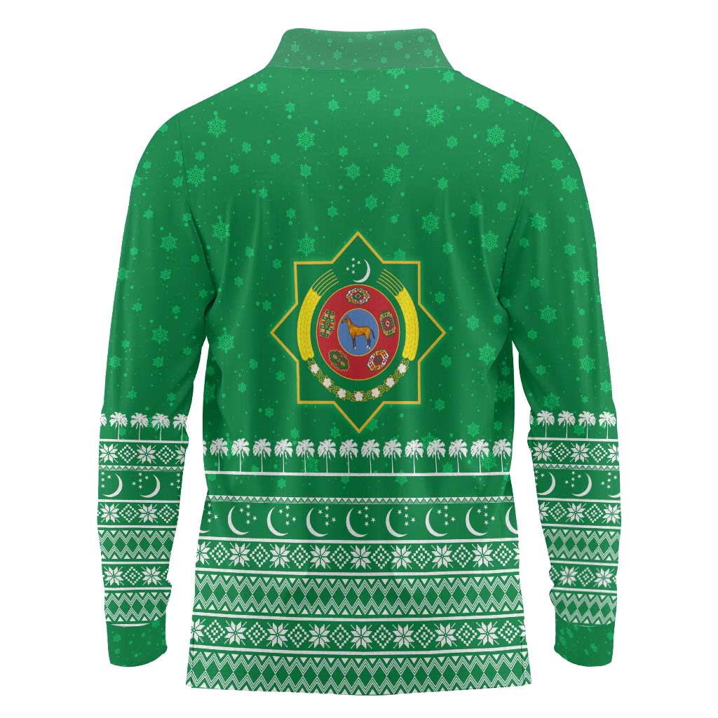 Turkmenistan Christmas Long Sleeve Polo Shirt with Traditional Santa Snowflake Crescent Moon and National Emblem - Wonder Print Shop
