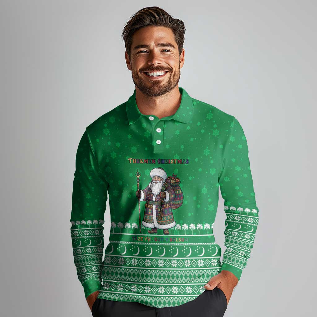 Turkmenistan Christmas Long Sleeve Polo Shirt with Traditional Santa Snowflake Crescent Moon and National Emblem - Wonder Print Shop
