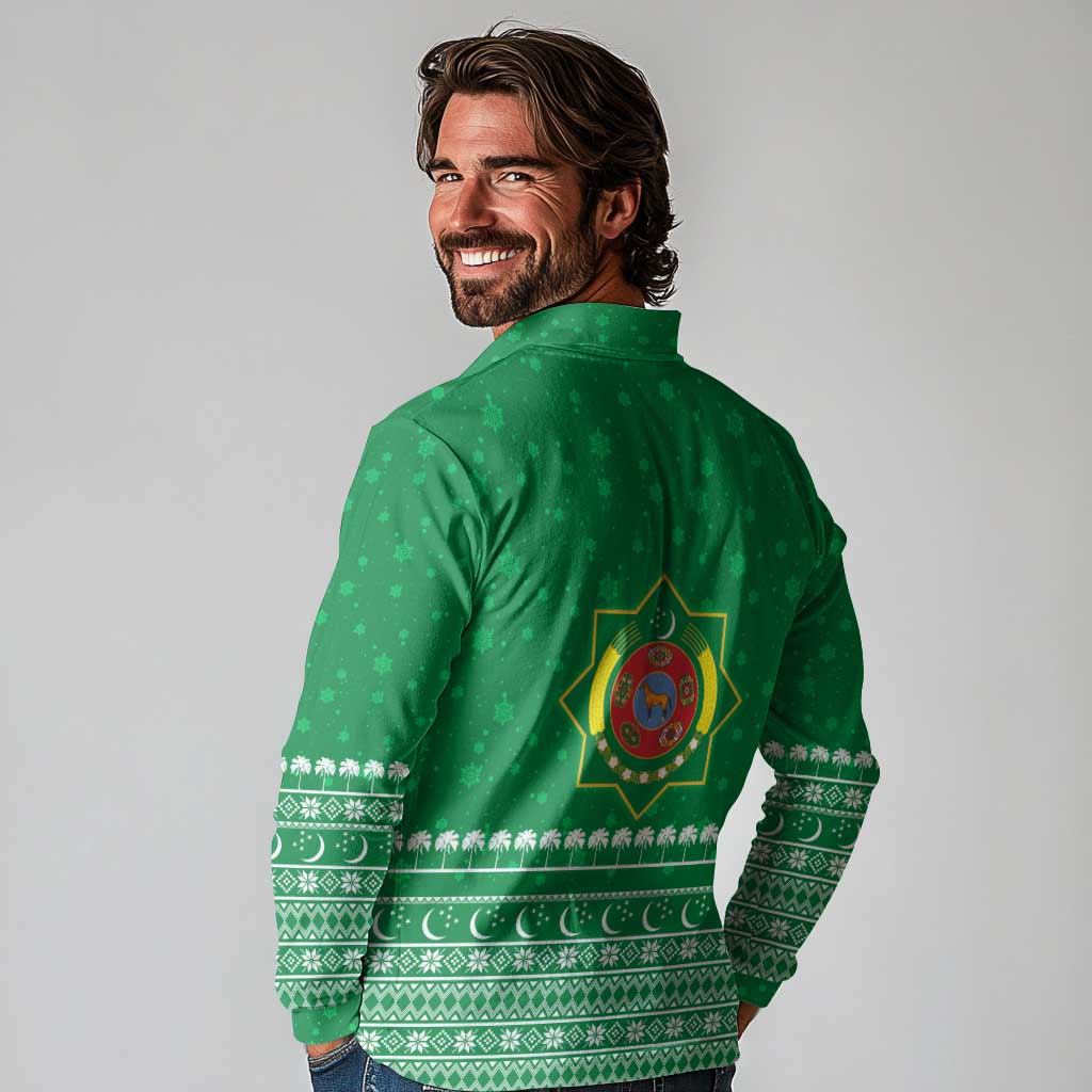 Turkmenistan Christmas Long Sleeve Polo Shirt with Traditional Santa Snowflake Crescent Moon and National Emblem - Wonder Print Shop