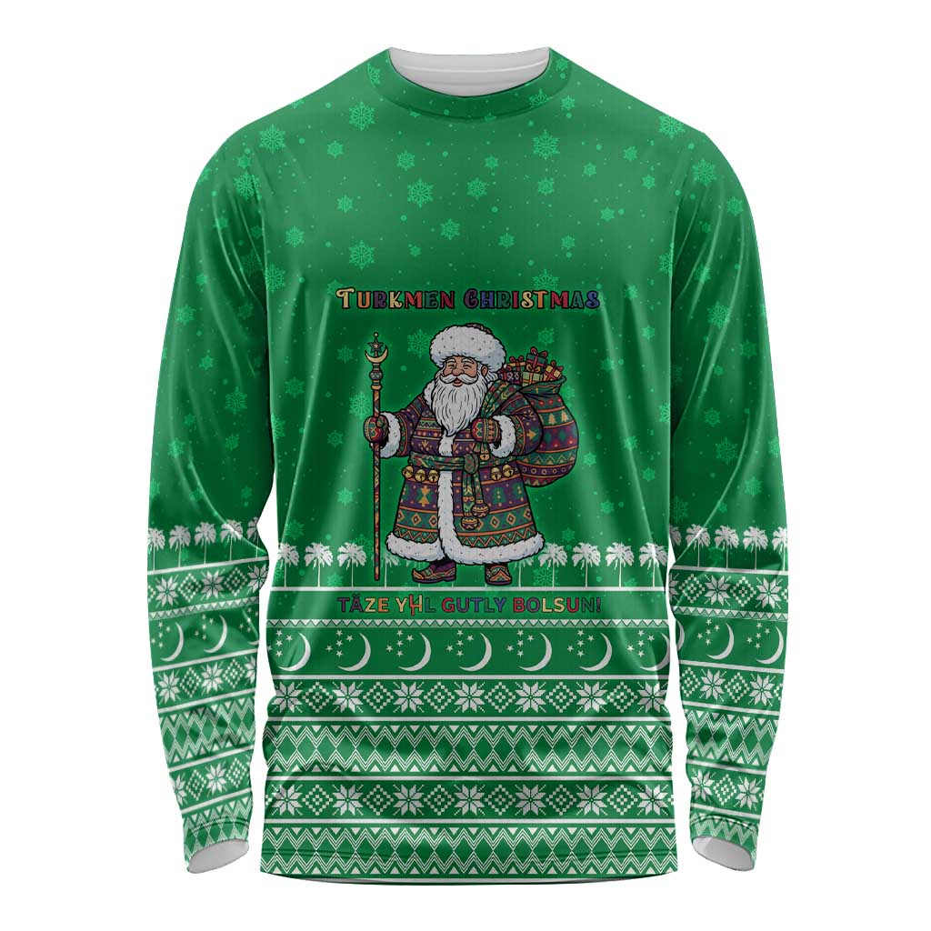 Turkmenistan Christmas Long Sleeve Shirt with Traditional Santa Snowflake Crescent Moon and National Emblem - Wonder Print Shop