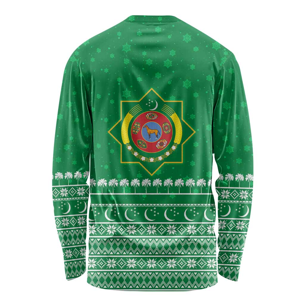 Turkmenistan Christmas Long Sleeve Shirt with Traditional Santa Snowflake Crescent Moon and National Emblem - Wonder Print Shop