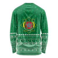 Turkmenistan Christmas Long Sleeve Shirt with Traditional Santa Snowflake Crescent Moon and National Emblem - Wonder Print Shop