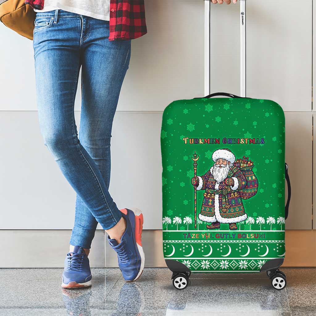 Turkmenistan Christmas Luggage Cover with Traditional Santa Snowflake Crescent Moon and National Emblem - Wonder Print Shop