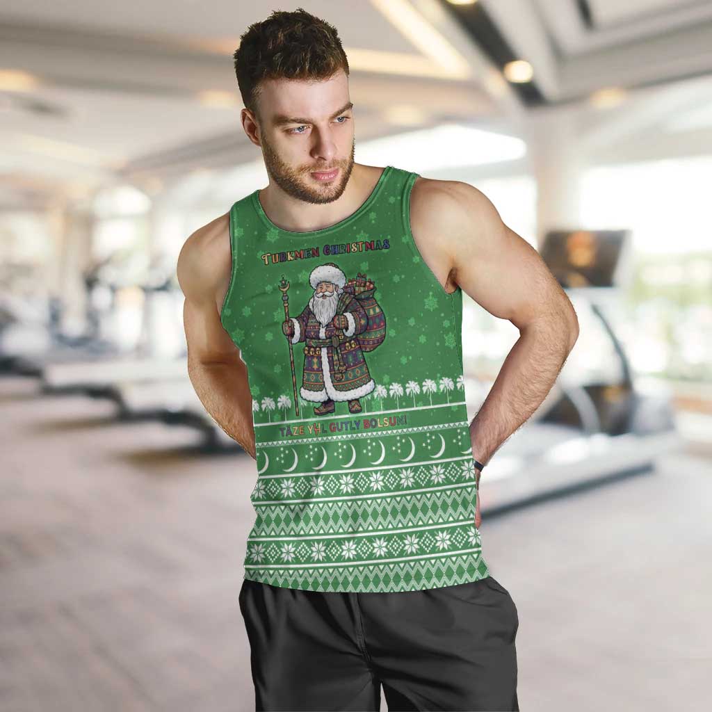 Turkmenistan Christmas Men Tank Top with Traditional Santa Snowflake Crescent Moon and National Emblem - Wonder Print Shop