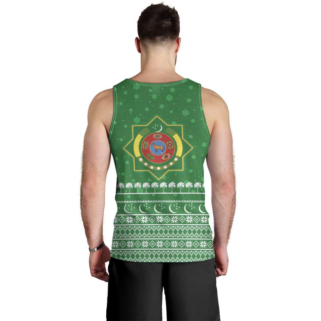 Turkmenistan Christmas Men Tank Top with Traditional Santa Snowflake Crescent Moon and National Emblem - Wonder Print Shop