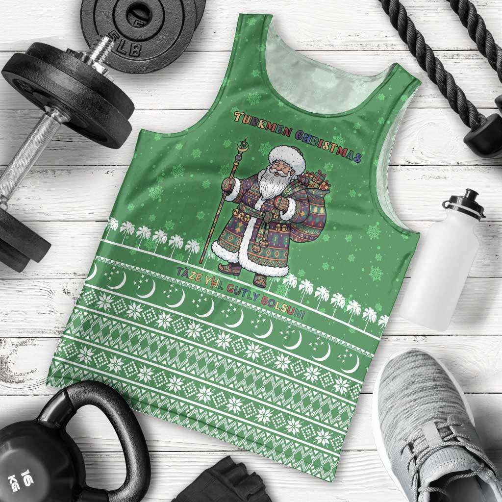 Turkmenistan Christmas Men Tank Top with Traditional Santa Snowflake Crescent Moon and National Emblem - Wonder Print Shop