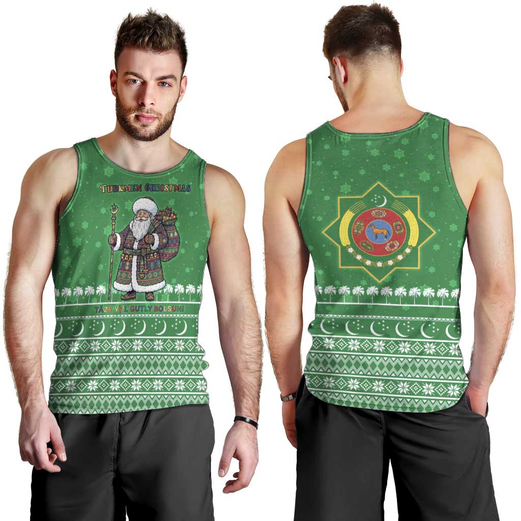 Turkmenistan Christmas Men Tank Top with Traditional Santa Snowflake Crescent Moon and National Emblem - Wonder Print Shop