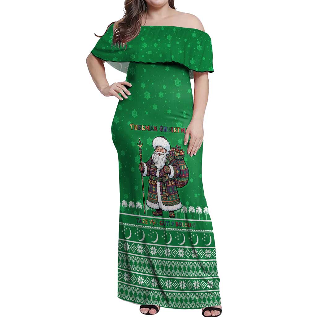 Turkmenistan Christmas Off Shoulder Maxi Dress with Traditional Santa Snowflake Crescent Moon and National Emblem - Wonder Print Shop