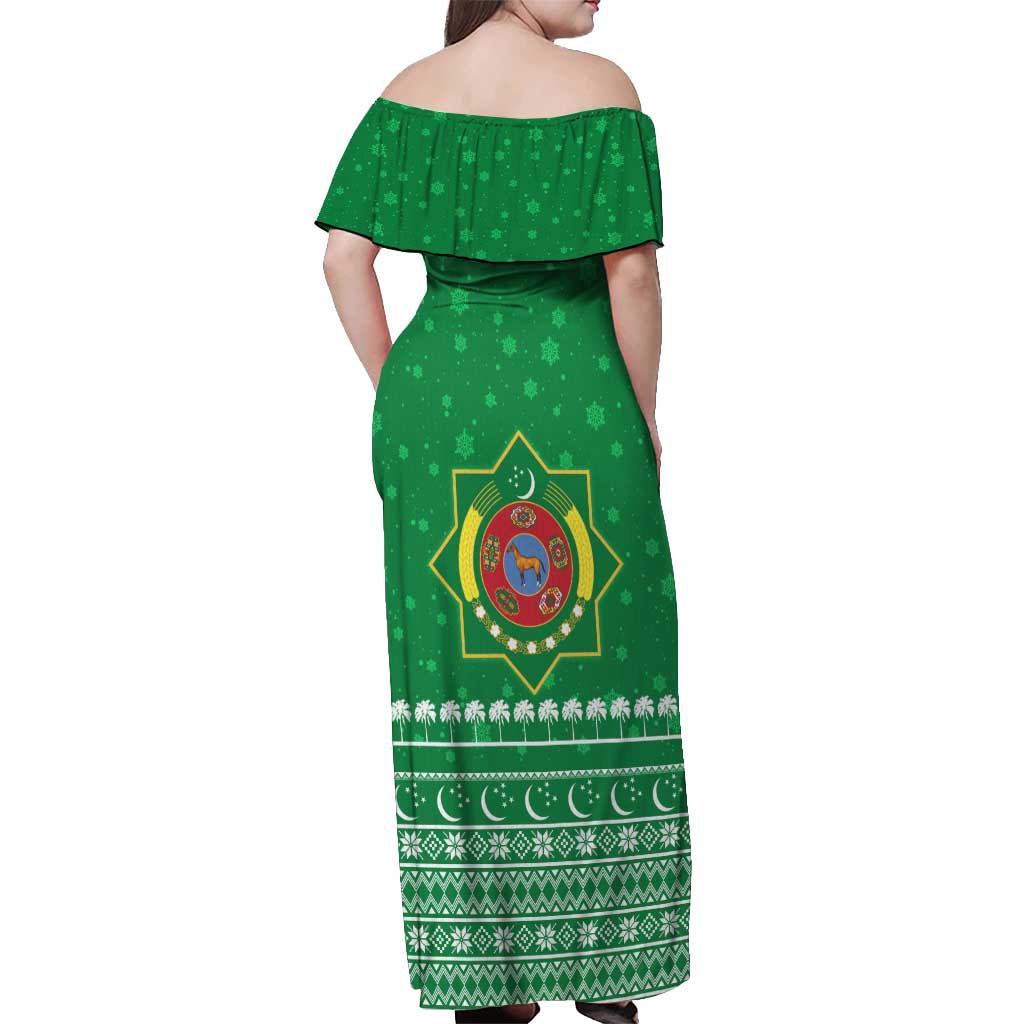 Turkmenistan Christmas Off Shoulder Maxi Dress with Traditional Santa Snowflake Crescent Moon and National Emblem - Wonder Print Shop