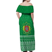 Turkmenistan Christmas Off Shoulder Maxi Dress with Traditional Santa Snowflake Crescent Moon and National Emblem - Wonder Print Shop