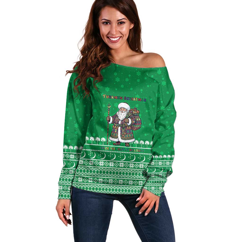 Turkmenistan Christmas Off Shoulder Sweater with Traditional Santa Snowflake Crescent Moon and National Emblem - Wonder Print Shop