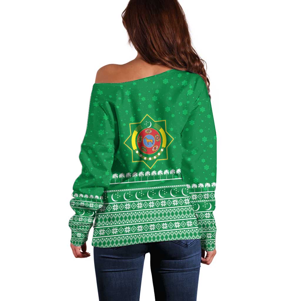 Turkmenistan Christmas Off Shoulder Sweater with Traditional Santa Snowflake Crescent Moon and National Emblem - Wonder Print Shop
