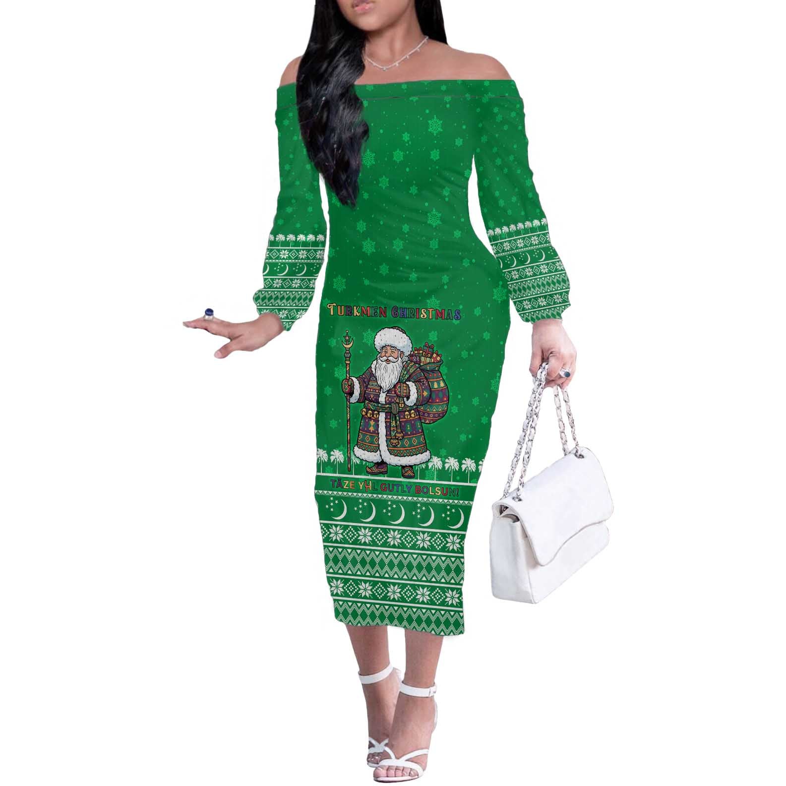 Turkmenistan Christmas Off The Shoulder Long Sleeve Dress with Traditional Santa Snowflake Crescent Moon and National Emblem - Wonder Print Shop